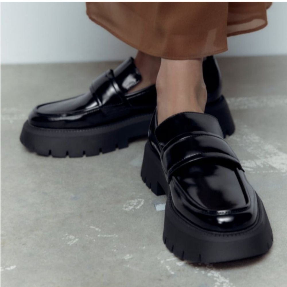 Zara Glossy Black Platform Loafers